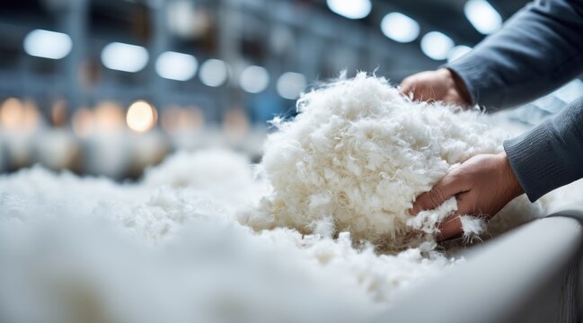 Close up of hands holding raw white wool in textile factory