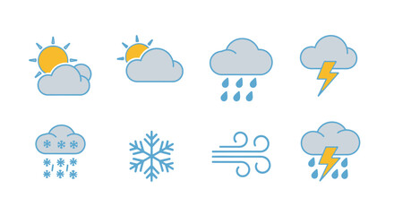 Obraz premium Weather icons set illustrating sun clouds rain snow and wind elements