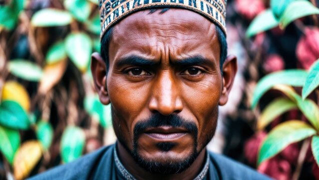 Adult man wearing patterned skullcap with serious focused expression