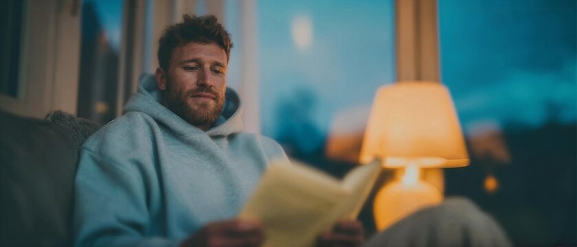 Man settled on a sofa reading by the soft glow of a lamp in a cozy home setting