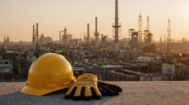 Safety helmet and gloves overlooking industrial refinery at sunset
