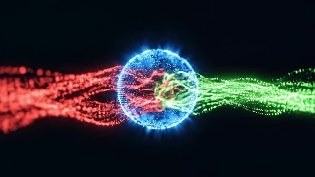 A glowing blue and red viral particle transmits through a dark environment, conveying a sense of dynamic movement and energy.