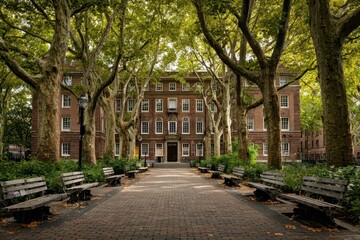 Obraz premium Brick college campus building bathed in warm sunlight among tree-lined grounds