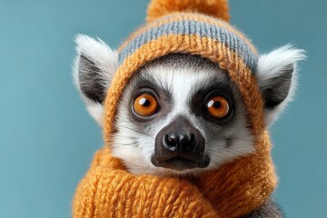 Fototapeta premium Lemur wears orange hat and scarf against blue background