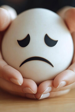 A person is holding an egg with a sad face drawn on it, suitable for use in various creative projects