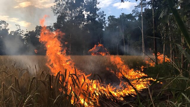 Forest Wildfire Spreading Through Dry Grass with Flames and Smoke in Nature