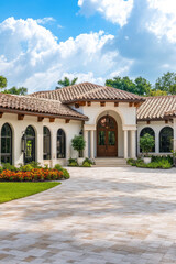 Obraz premium A suburban house with a well-maintained driveway, perfect for family photos or real estate listings
