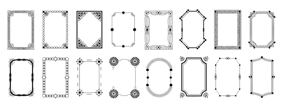 Set of sixteen black rectangular and oval decorative frames with various geometric and floral border patterns isolated on a white background for
