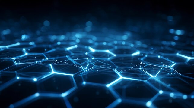 Digital Hexagon Network: A luminous network of interconnected hexagons glows with technological energy, symbolizing the intricate architecture of the digital world.