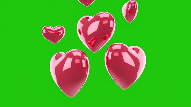 Animated pink 3D hearts rotating and bouncing on green background