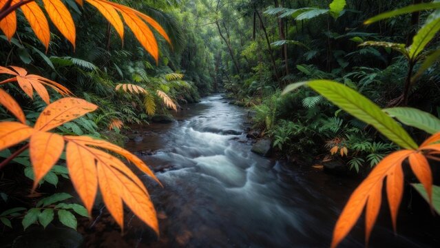 Stream flowing through tropical forest with orange leaves