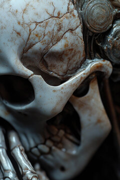 A close-up view of a skeleton wearing a gas mask, perfect for use in Halloween-themed images or as a symbol of protection against unknown dangers