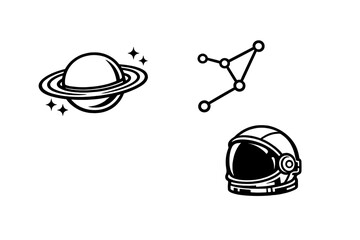A set of three black and white space-themed vector icons featuring a © Andrei