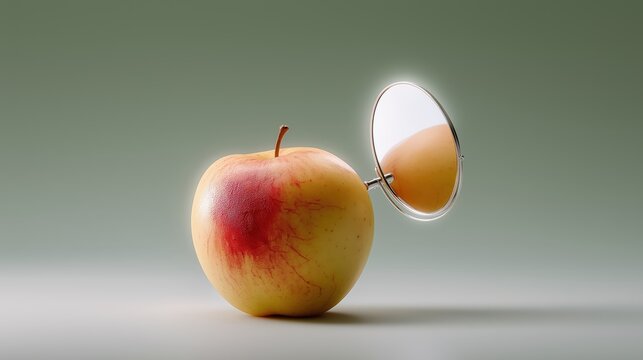 Surreal scene of an apple holding a mirror and examining a bruise, symbolizing self-doubt and identity reflection.