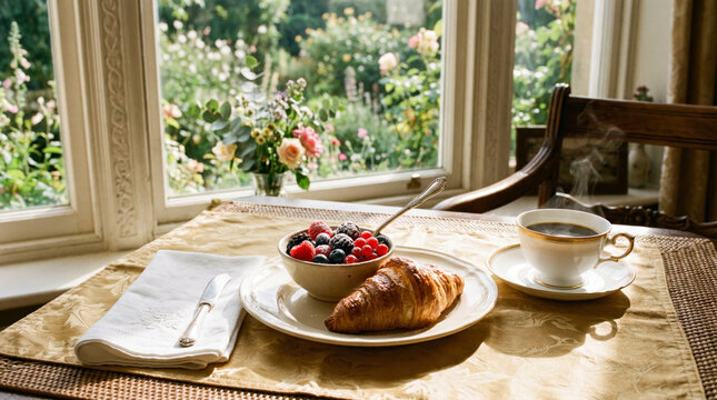 Morning breakfast bliss with croissant, a steaming cup of coffee with the handle turned to the right, and a small bowl of various fresh berries, a spoon it in the bowl of berries