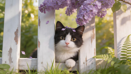 Black and white cat peeking through fence