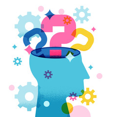 Head with multicolored question marks and gears. Vector concept of thinking, problem solving, psychology decision making