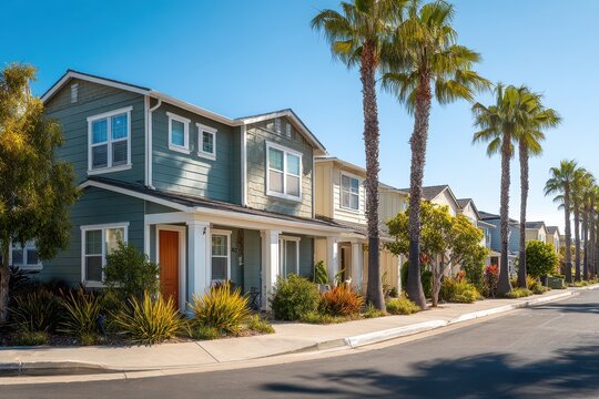Duplex homes with green vinyl siding on a sunny Carlsbad street in Southern California