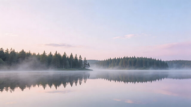 Misty lake with forest reflection