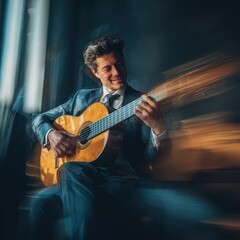 Obraz premium Joyful young man playing guitar