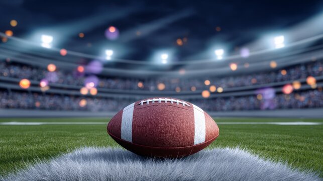 Football rests on the field at night in a large stadium during a sports event with bright lights shining above
