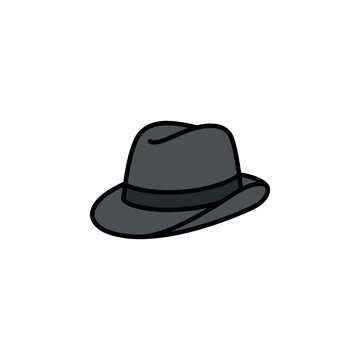Black fedora hat with wide brim.