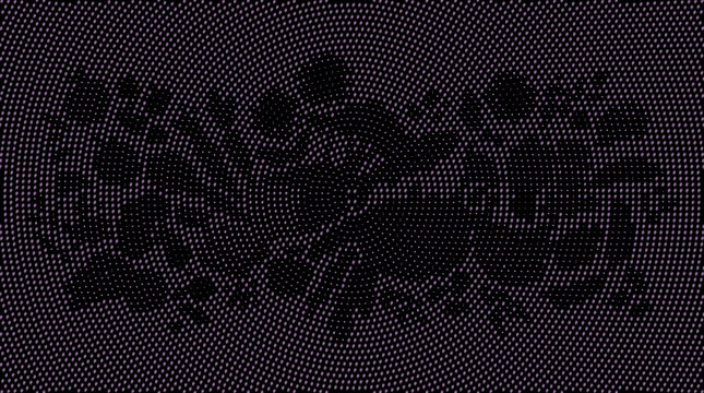 Black background with a spiral pattern made of small purple dots arranged in a circular design 