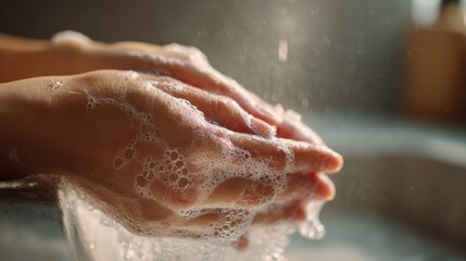 Fototapeta premium Close-up of female hands with soap foam in a gentle lather