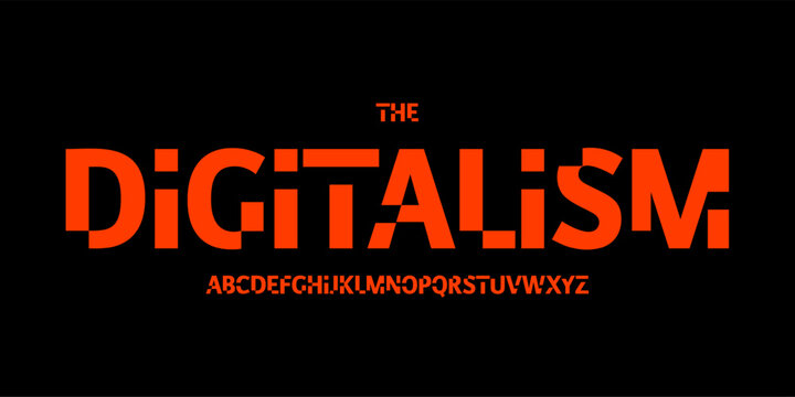 Cutout modern logo font, blocky geometric font. Sharp minimal typeface for industrial headline, digital sci-fi poster, robotic techno UI, hacker branding, dystopian game title. Vector typography