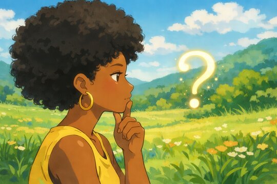 Thoughtful young Black woman in side profile with afro and hoop earrings, glowing question mark, whimsical meadow illustration, curiosity concept

