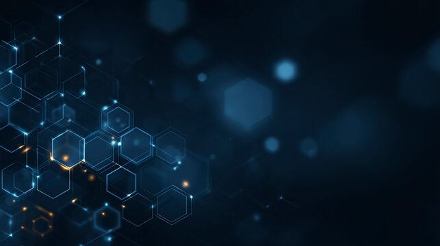 Abstract Digital Network: A captivating image showcases a network of interconnected hexagons, symbolizing data flow and technological advancement, set against a dark, futuristic backdrop.