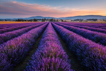 Naklejka premium Calm Summer Lavender Field at Dusk with Uniform Rows Reaching the Horizon