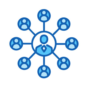 Blue centralized network icon representing connection and communication between people on black background