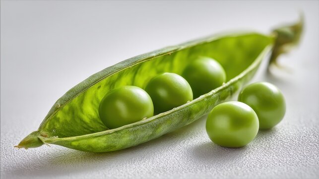 Close-up of vibrant green peas in a split pea pod against a white backdrop