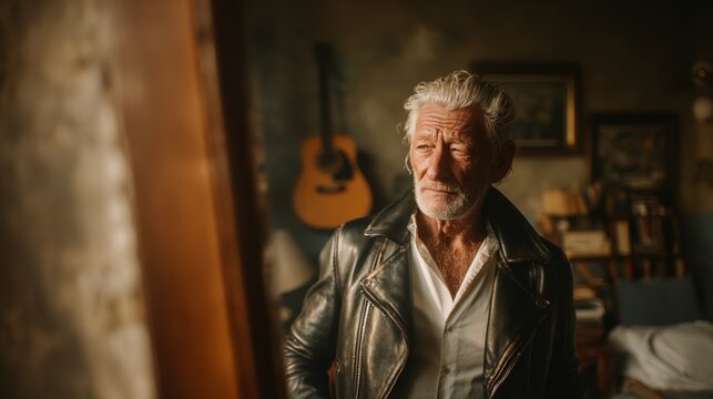 Gray-haired man in leather jacket
