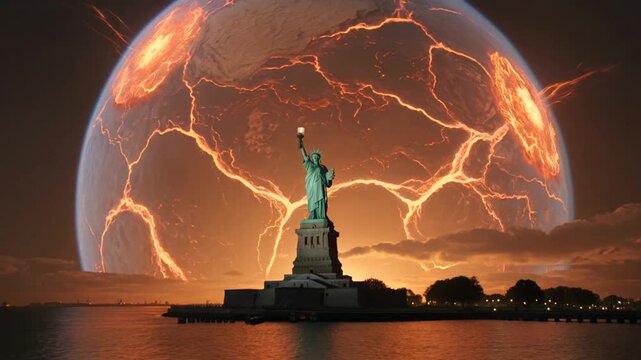 The Statue of Liberty stands before a gigantic planet with lightning.