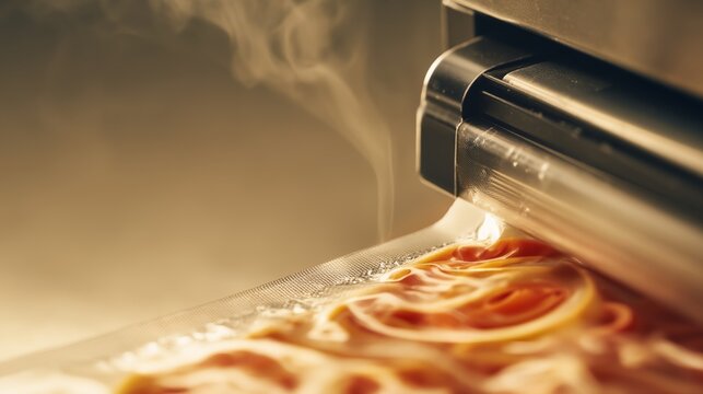 Vacuum sealer seals bacon in plastic bag. Close-up shot shows food packaging process