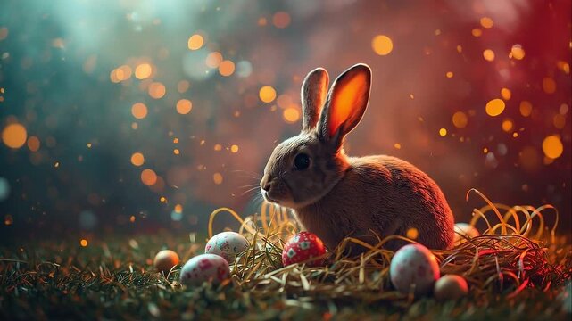 Bunny among eggs and lights, festive holiday scene