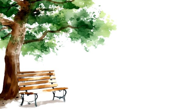 Watercolor-style tree with a wooden bench beneath it