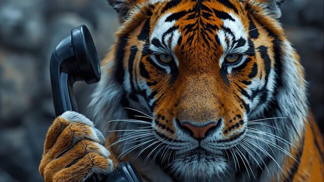 Intense tiger with piercing blue eyes holding vintage phone