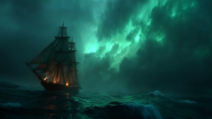 Obraz premium Ship battles tempest under eerie green lightning