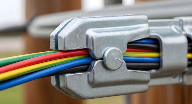 Close-up metallic clamp holding a bundle of colored electrical wires, signifying power and connectivity
