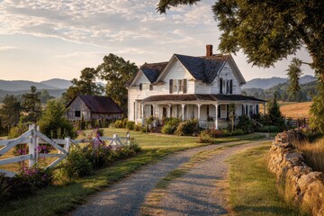 Fototapeta premium Dream Home in a Rural American Countryside at Golden Hour