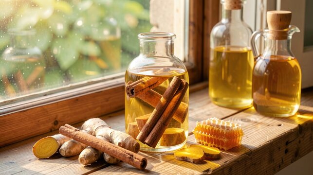 Glass bottle with turmeric ginger elixir and honeycomb on windowsill, natural immune remedy