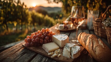 Fototapeta premium Sunset in vineyard with wine, cheese, grapes, and bread on table