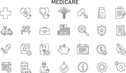 Fototapeta premium Medicare and Medical Insurance Outline Icon Set