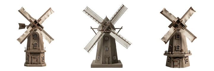 Fototapeta premium Set of Traditional Stone Windmills with Wooden Sails and Classic Architecture Isolated on White Background