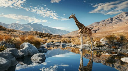 Fototapeta premium A giraffe stands near water reflecting a bright blue sky with mountains in the distance