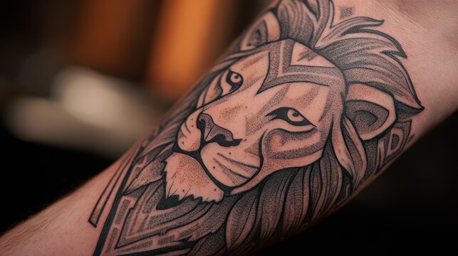 Close-up illustration of a fierce lion tattoo with intricate linework and grayscale shading