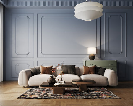 Modern interior design of living room with beige sofa and empty blue wall background. 3D Rendering, 3D Illustration